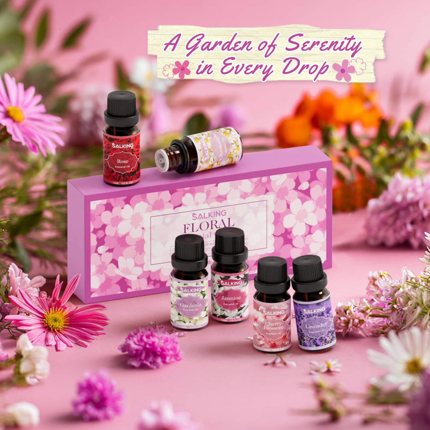 SALKING Essential Oils Set, 100% Pure Fragrance Oil AromatherapyGift, Premium Scented Oils for Diffusers 6 x 10 ML - Lavender, Rose, Jasmine, Cherry Blossom, Gardenia, Chamomile, Pink