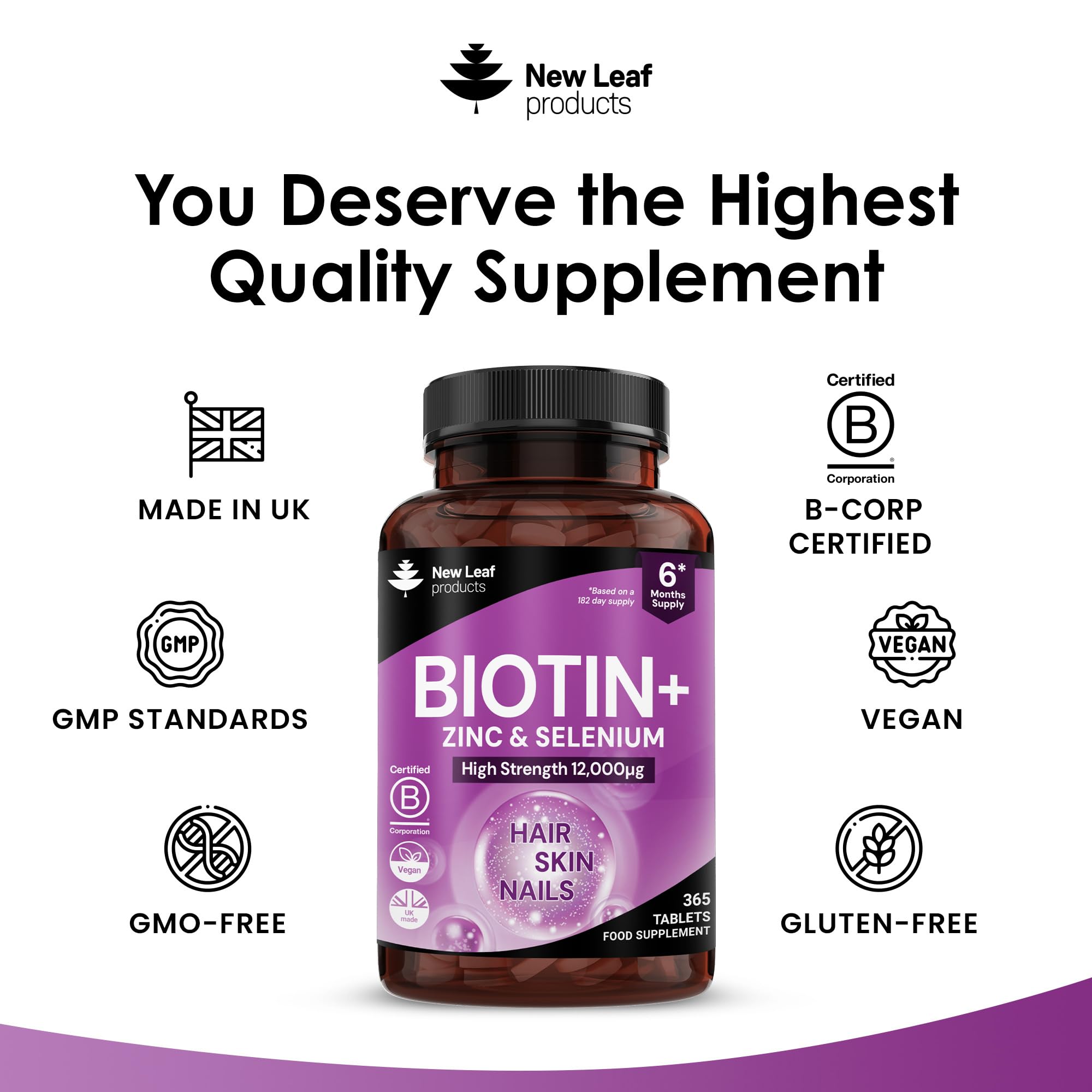 Biotin Hair Growth Vitamins 12,000mcg D-Biotin Tablets Enriched with Zinc & Selenium –Vegan Beauty Hair Skin & Nails Vitamins for Women and Men High Strength - 3 Months Supply UK Made - New Leaf