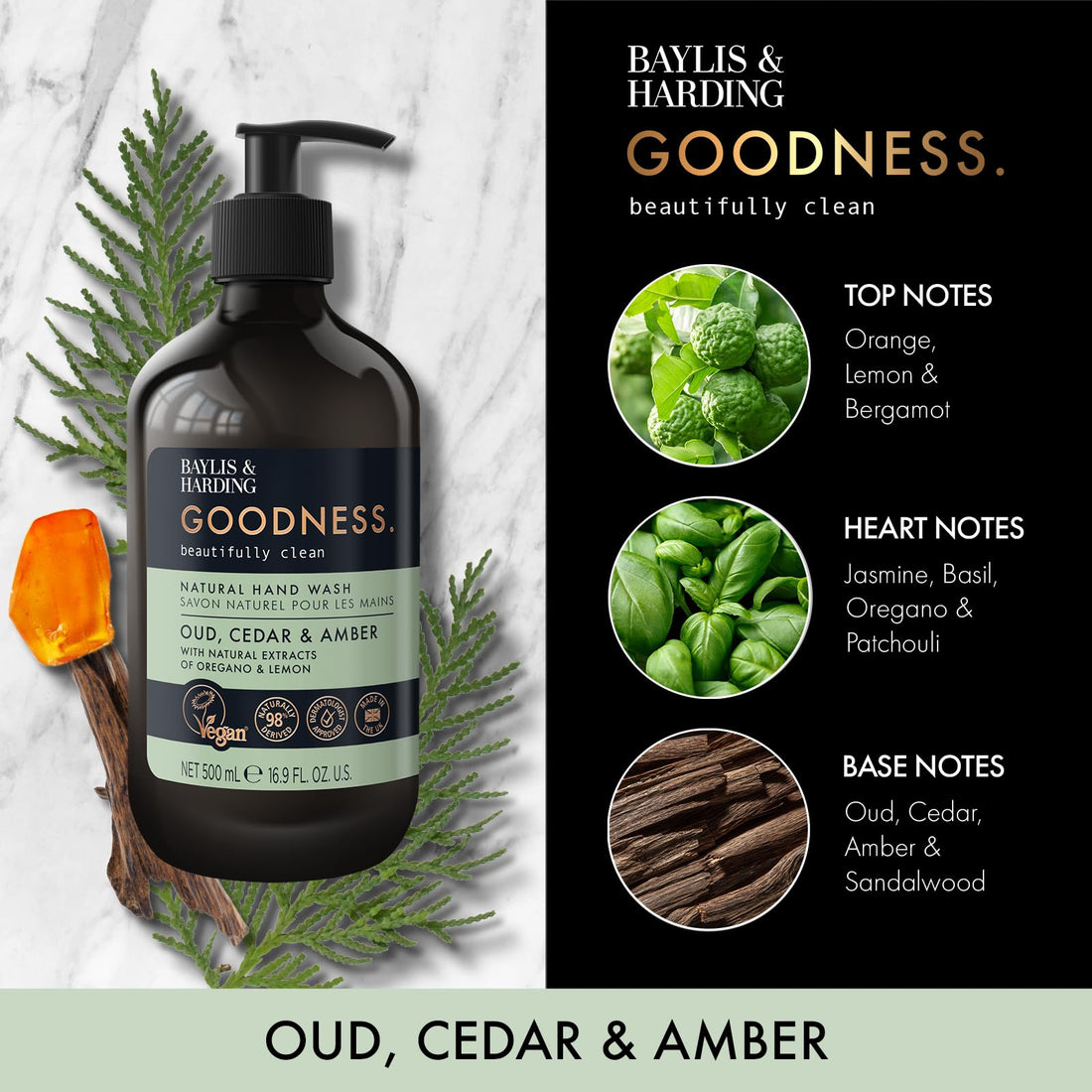 Baylis & Harding Goodness Oud, Cedar and Amber Body Wash, 500 ml (Pack of 3) - Vegan Friendly