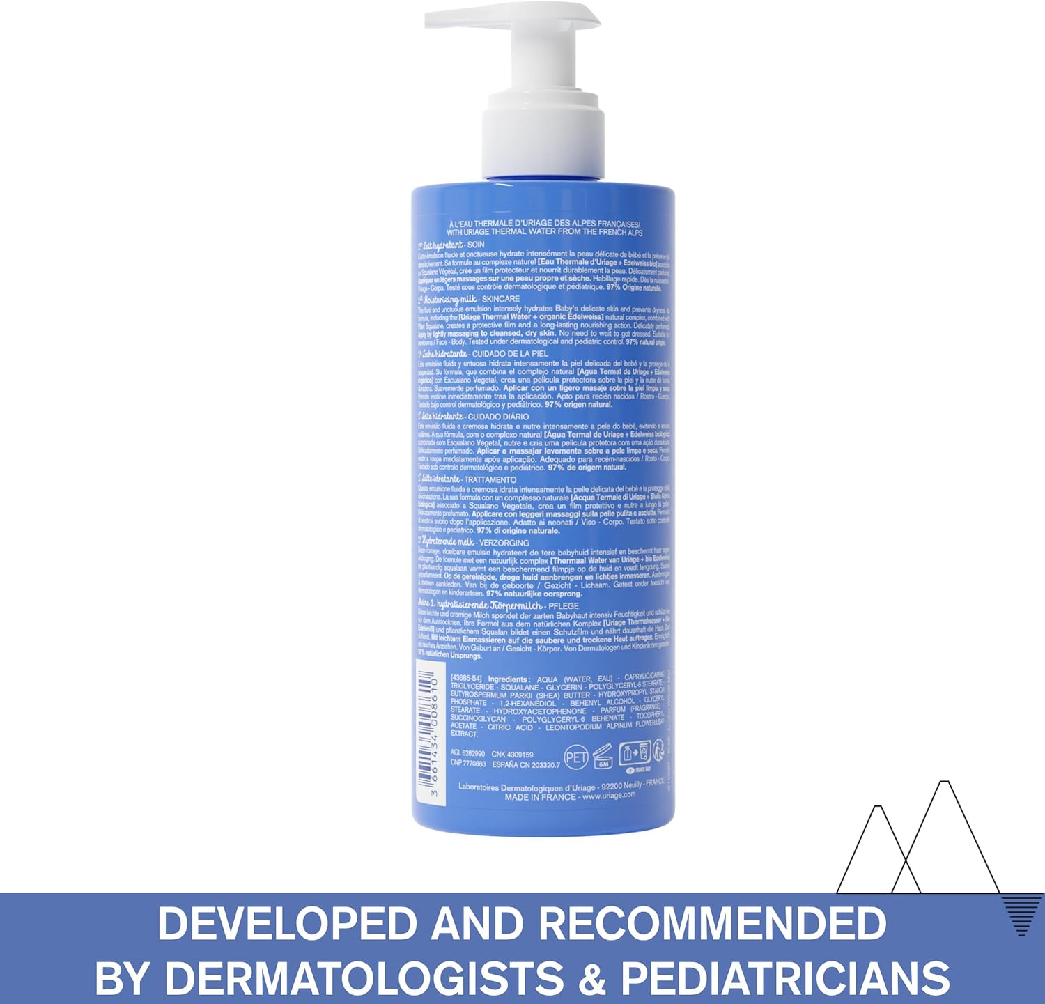 Uriage Baby Daily Moisturizing Lotion with Organic Edelweiss & Shea Butter 500ml - Nourishes, Moisturizes & Protects Skin - Non-greasy - Delicately Scented - Suitable for Newborns - 97% Natural Origin