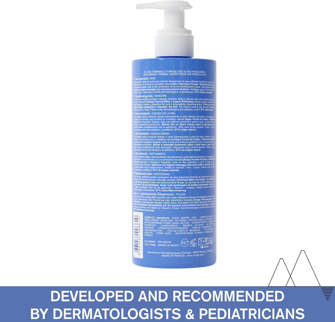 Uriage Baby Daily Moisturizing Lotion with Organic Edelweiss & Shea Butter 500ml - Nourishes, Moisturizes & Protects Skin - Non-greasy - Delicately Scented - Suitable for Newborns - 97% Natural Origin