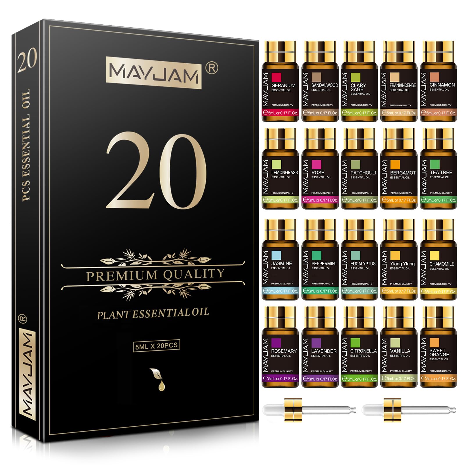 MAYJAM Top 20 Pure Essential Oil Set, Premium Grade Essential Oils for Diffuser for Home, Premium Aromatherapy Oils for Candle Making, Skin & Hair Care
