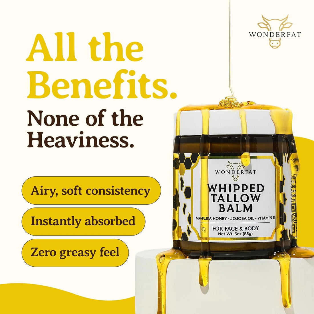 Grass-Fed Whipped Tallow Balm, Face and Body Moisturizer with Manuka Honey, Fragrance Free Tallow Moisturizer for Sensitive Skin, Beef tallow for skin, Lightweight Tallow Cream, 3 oz