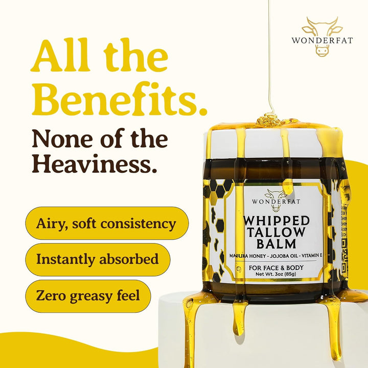 Grass-Fed Whipped Tallow Balm, Face and Body Moisturizer with Manuka Honey, Fragrance Free Tallow Moisturizer for Sensitive Skin, Beef tallow for skin, Lightweight Tallow Cream, 3 oz