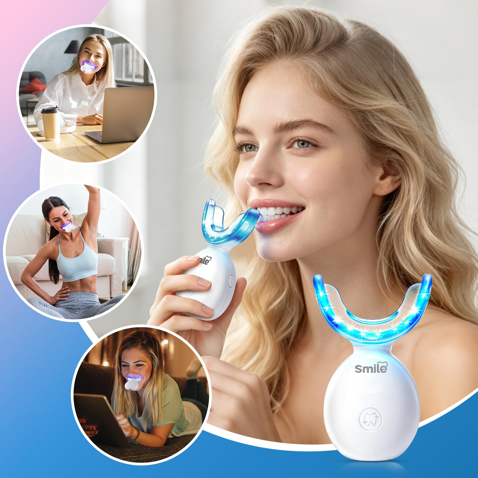 Teeth Whitening Kit with LED Light + 5 Tooth Whitening Gel - Gentle Whitening on Sensitive Teeth - Fast Removes Stubborn Stains - Professional Tooth Whitener for Home - Wireless & Water-Resistant