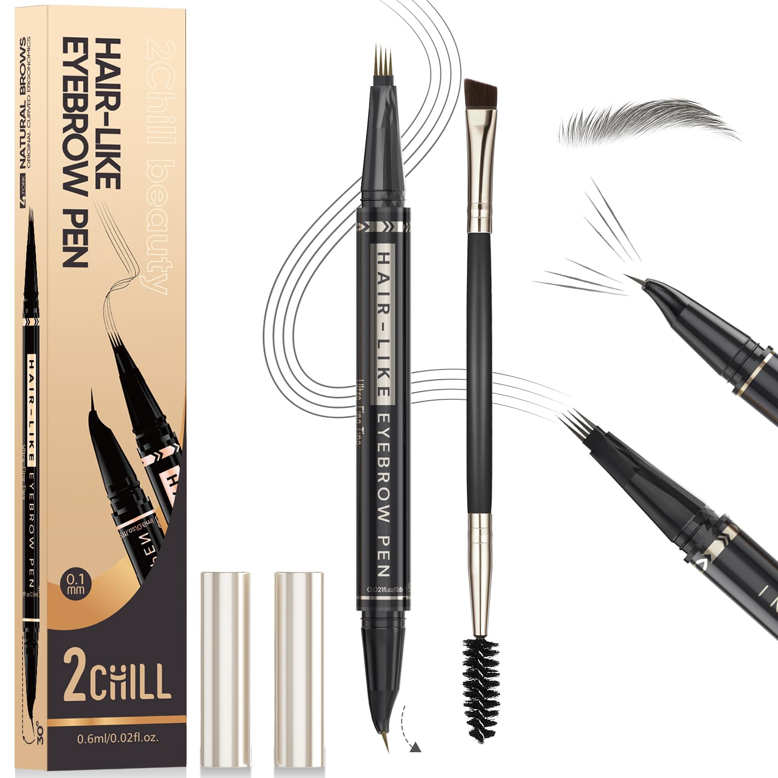 2CHILL 30° Curved Eyebrow Pencil, Magic 2 in 1 Eyebrow Pen Pro, Waterproof Eye Brow Pen with 4 Tips, Vivid Microblading Brow Pencils for Women, Last All Day Makeup (03 Dark Brown)
