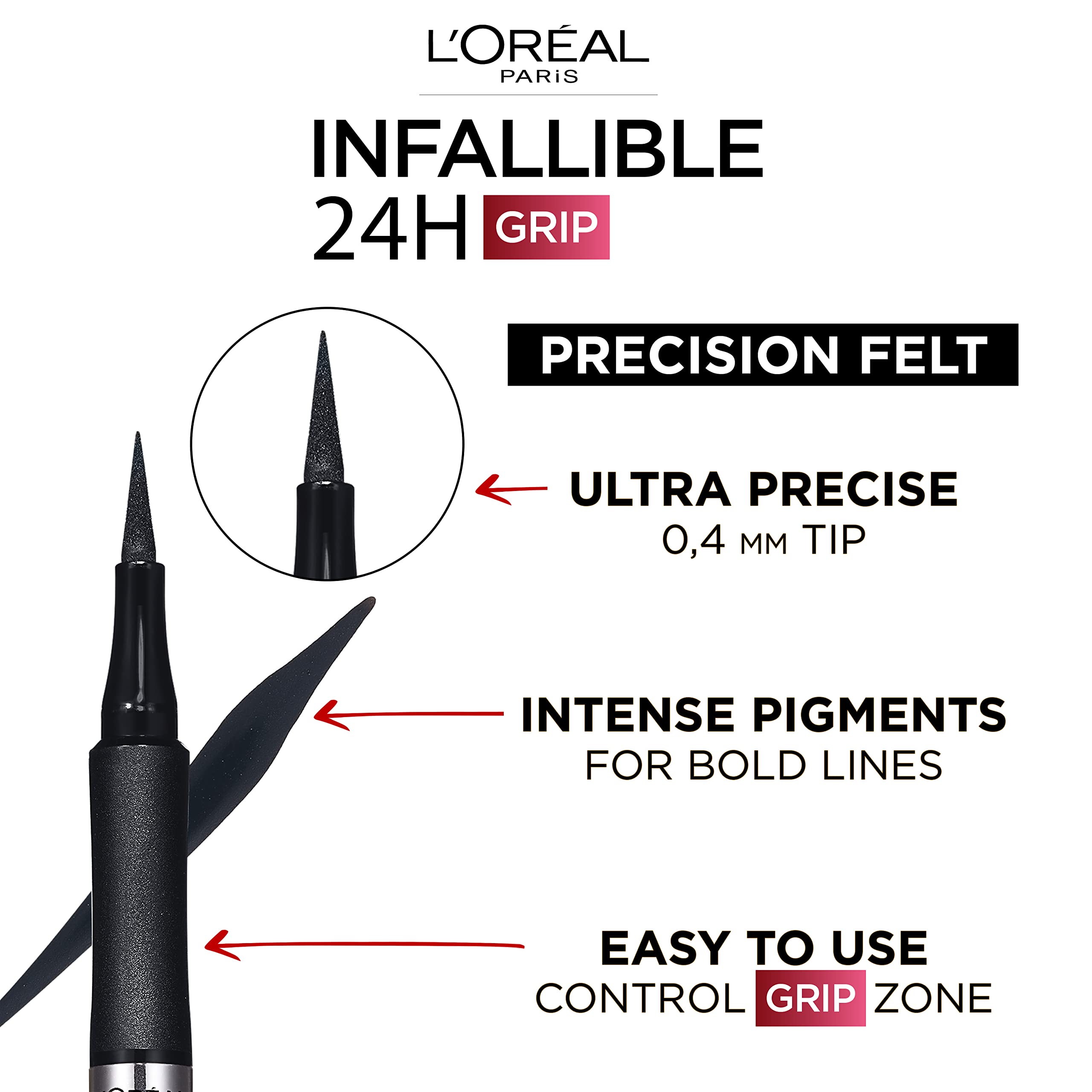 L'Oréal Paris Infallible Precision Felt Eyeliner with 0.4mm Ultra-Fine Tip for Intense Colour Pay-Off, 27H Longwear Waterproof and Rub-Proof Formula, Eyeliner Black Halalzen