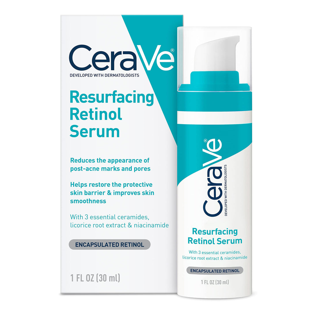 CeraVe Resurfacing Retinol Serum For Post Acne Marks, Formulated With Licorice Root Extract & Niacinamide, Brightening Serum & Pore Minimizer For Face, Post Acne Skin Barrier Repair, Non-Comedogenic Halalzen