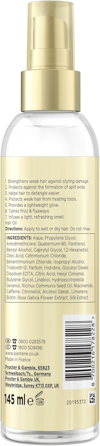 Pantene 7-in-1 Weightless Hair Oil Mist with Biotin 145ml. Pro V Miracles Hairspray Helps to Strengthen Hair Against Styling Damage & Protects Against Split Ends. Tames Frizz & Smells Refreshing