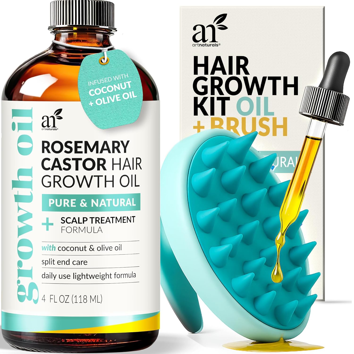 Artnaturals Organic Rosemary Castor Hair Oil + Massager Hair Growth Set Huile de croissance capillaire 120 ml avec huile de noix de coco et d'olive pour cheveux secs, abîmés et pointes fourchues