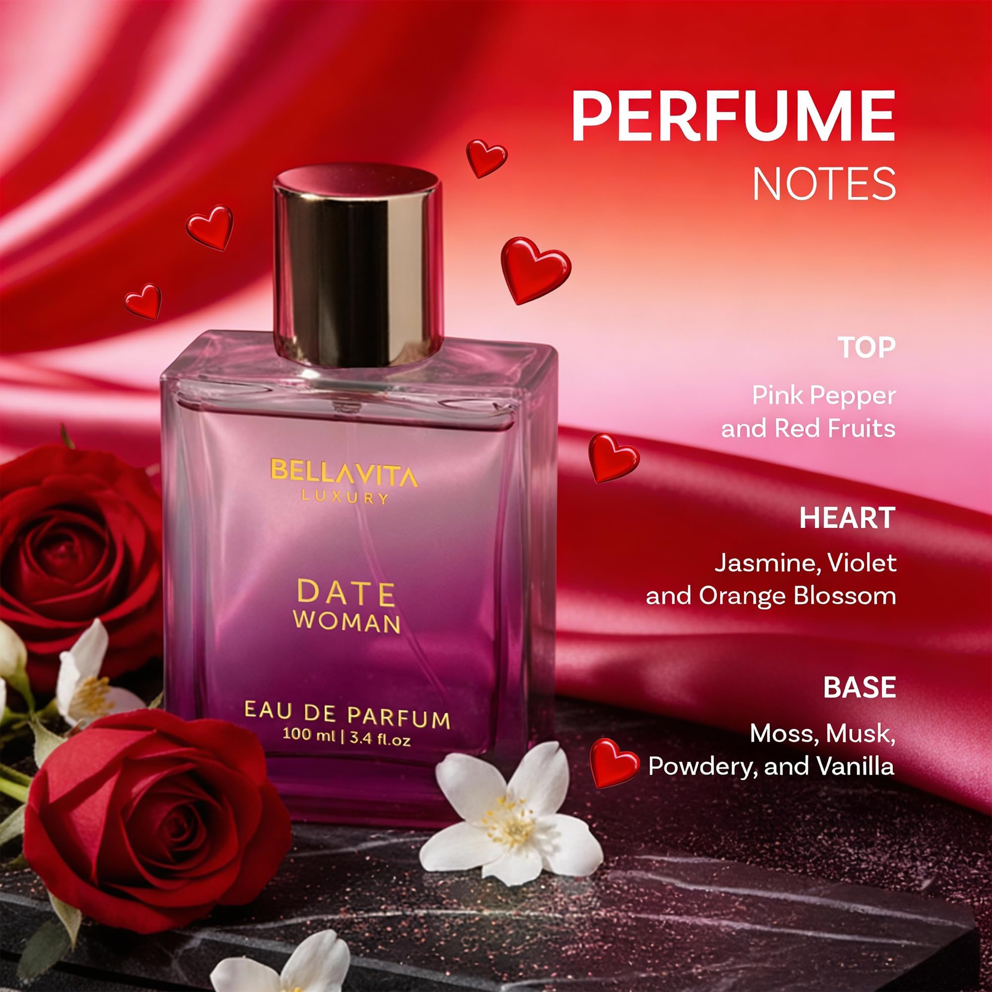 Bellavita Luxury DATE Eau de Parfum | 100 ml (3.4 fl.oz.) | Perfume for Women | Floral, Pink Pepper, Jasmine, and Moss Notes | Long Lasting Fragrance | Mother's Day Present