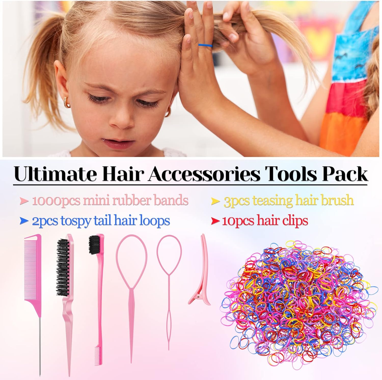 SOSPIRO 1000pcs Elastic Hair Bands with 10pcs Clips, 3pcs Brush, 2pcs Topsy Tail Tool, Colorful Rubber Ties & Braiding Accessories for Kids & Women's Hair Styling Halalzen