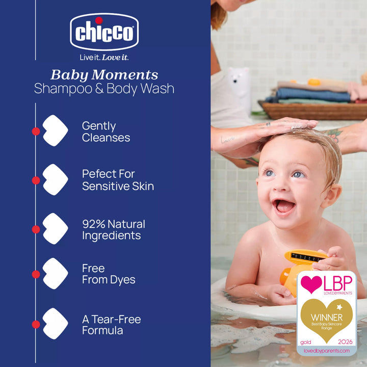 Chicco Baby Moments Shampoo & Body Wash, Tear-Free Formula, Dermatologically and Ophthalmologically tested, Suitable for Sensitive Skin, 100% Recycled Plastic, 500ml, 00010591000000