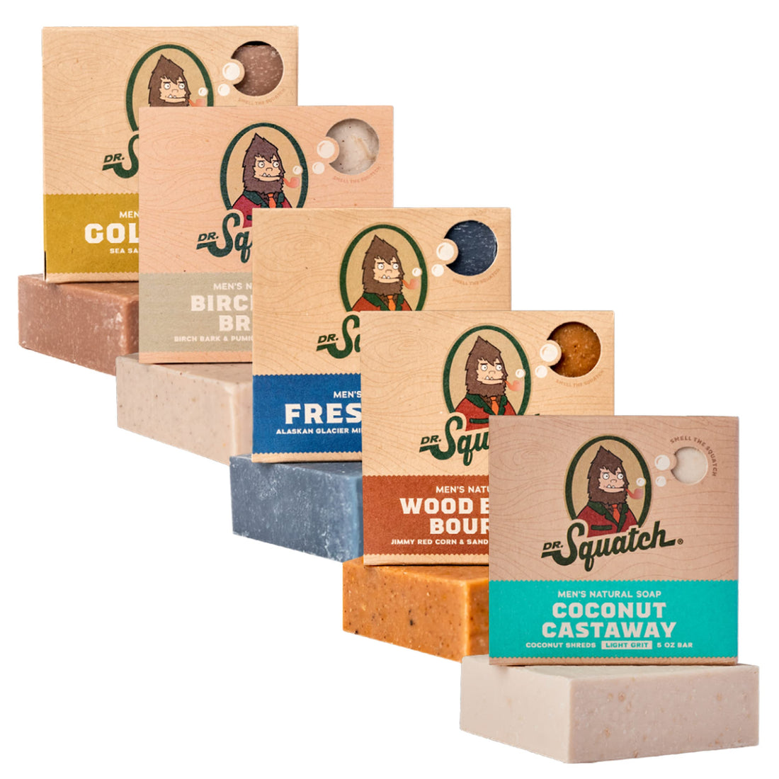 Dr. Squatch Natural Men’s Bar Soap - Cold Process Body Soap Bar with Natural Oils - Gifts for Men - Deep Sea Goat's Milk, Wood Barrel Bourbon, Rainforest Rapids, Alpine Sage & Bay Rum (5 oz, 5-Pack)