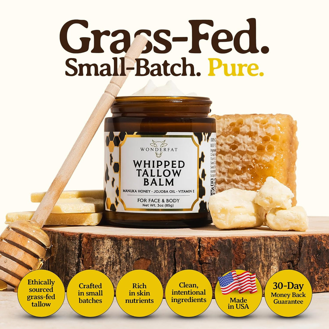 Grass-Fed Whipped Tallow Balm, Face and Body Moisturizer with Manuka Honey, Fragrance Free Tallow Moisturizer for Sensitive Skin, Beef tallow for skin, Lightweight Tallow Cream, 3 oz