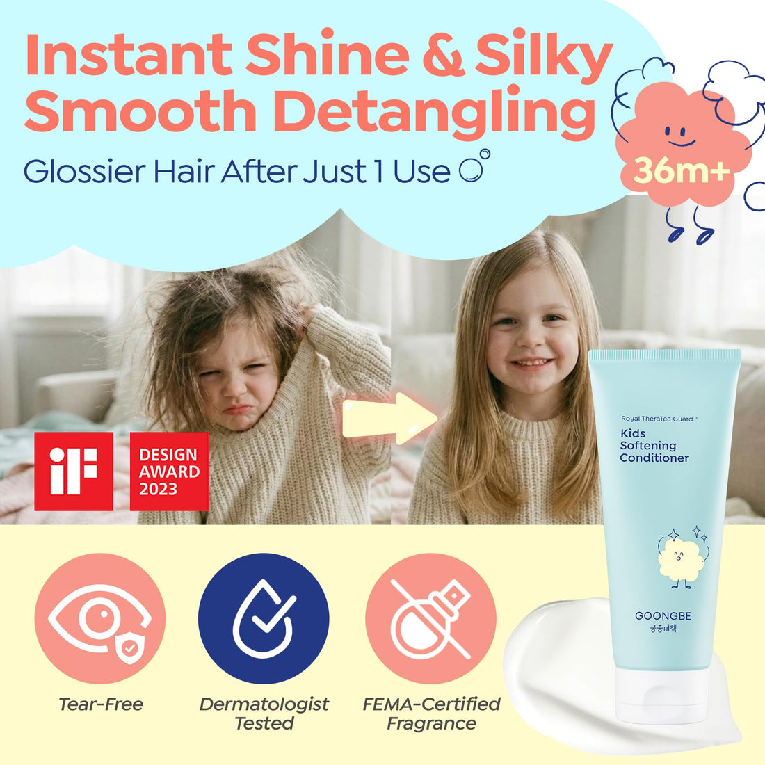 GOONGBE Kids Detangling Conditioner – Silicone-Free Softening for Frizzy Tangle-Prone Hair – Lightweight Non-Greasy with Triple Oil Complex (Macadamia, Sunflower, Oat), Allergen-Free 6.76 fl oz Halalzen