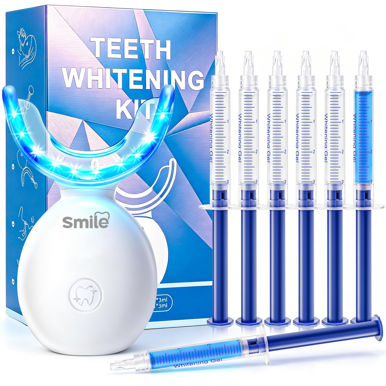 Teeth Whitening Kit with LED Light + 5 Tooth Whitening Gel - Gentle Whitening on Sensitive Teeth - Fast Removes Stubborn Stains - Professional Tooth Whitener for Home - Wireless & Water-Resistant