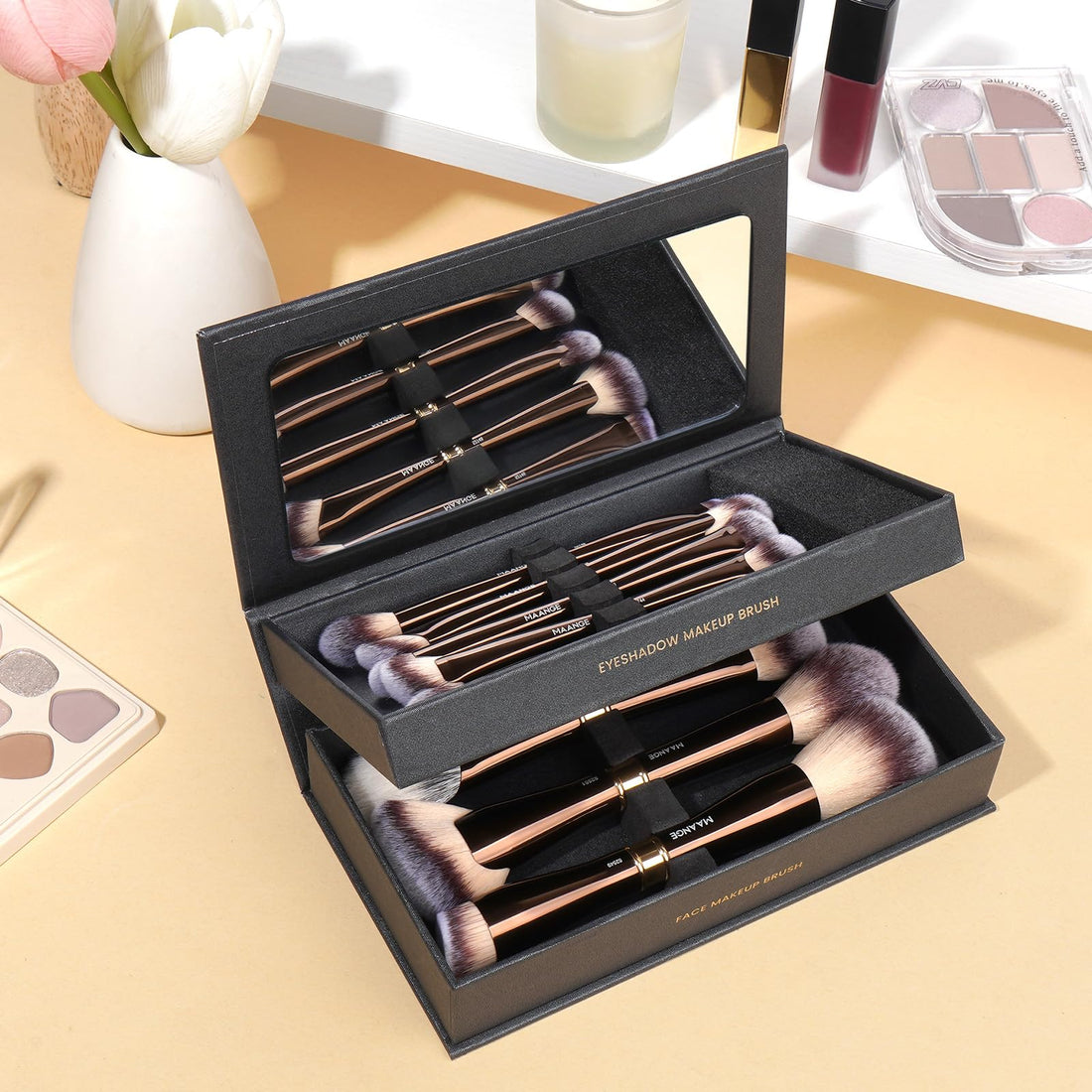 MAANGE Luxury 8-Piece Makeup Brush Set - Dual-Ended Makeup Brushes with 16-in-1 Functions & Mirror Case Professional Foundation, Eyeshadow, and Blush Brushes for Full Face Makeup Halalzen