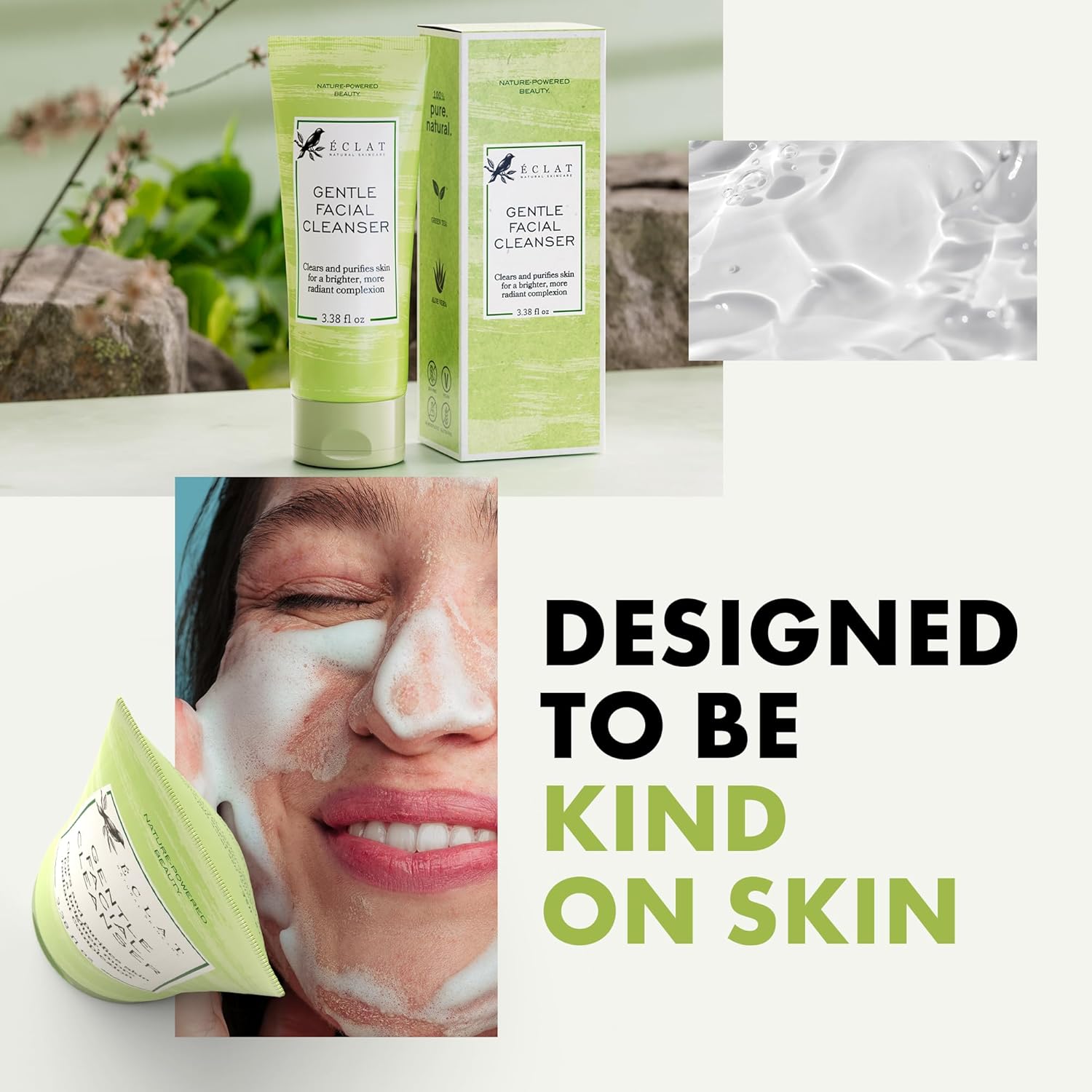 Gentle Facial Cleanser - Green Tea + Aloe Vera, Vitamin C & E, All Natural Face Wash for Deep Cleansing - Hydrating & Nourishing Green Tea Cleanser, Moisturizing Face Wash for All Skin Type