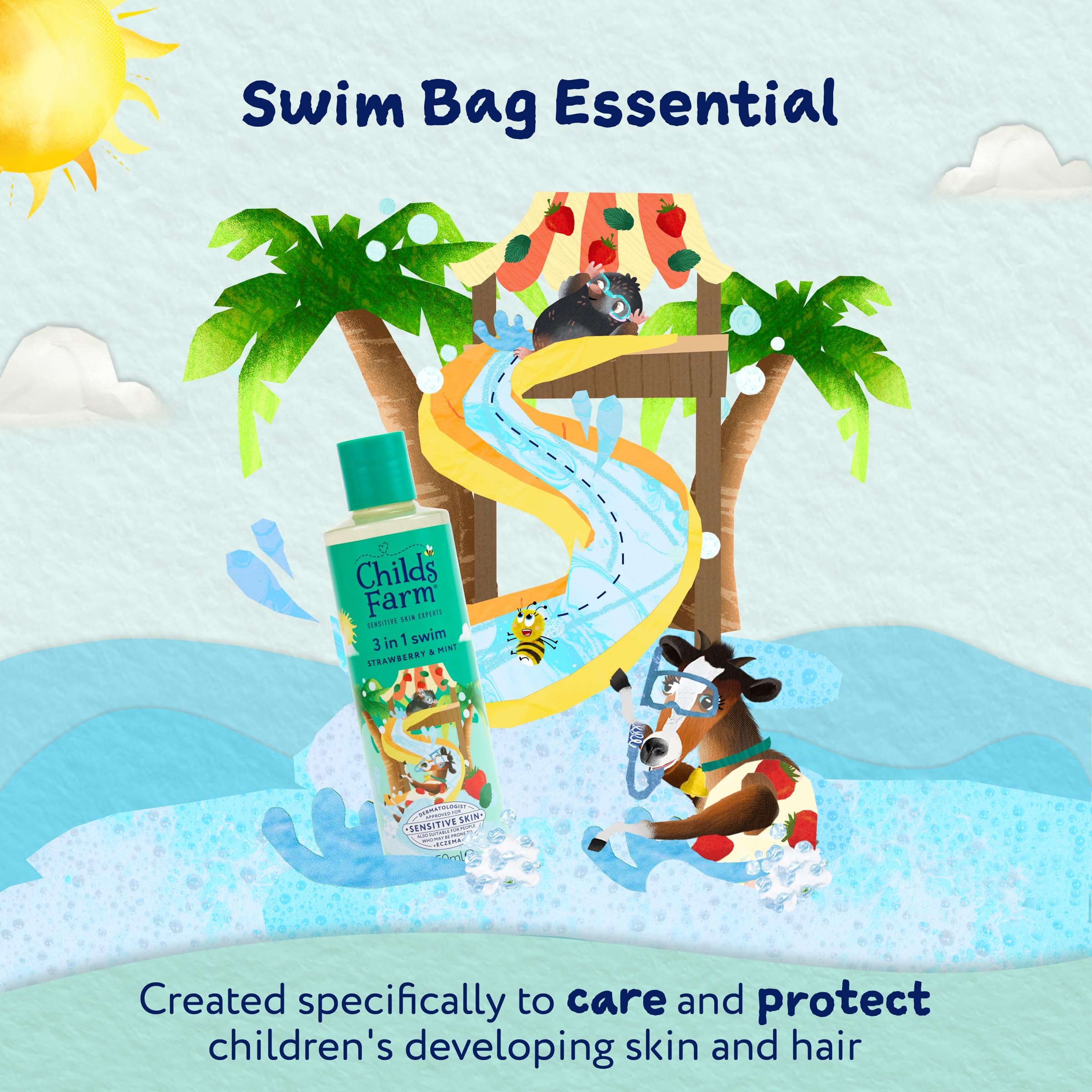 Childs Farm Kids 3 in 1 Swim, Strawberry & Mint - Body Wash, Shampoo & Conditioner | Tear-free | Suitable for Dry, Sensitive Skin, 250ml