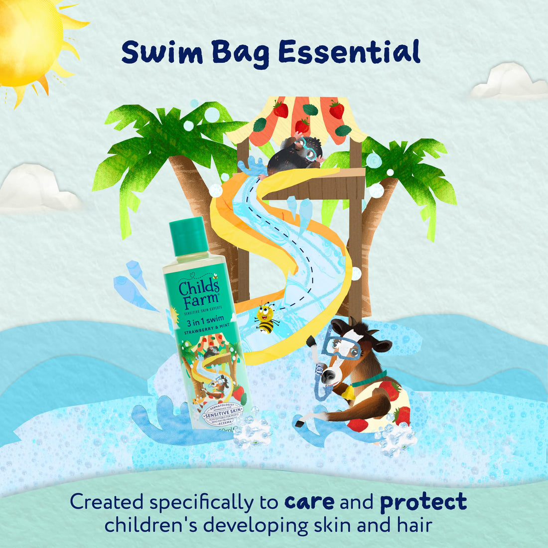 Childs Farm Kids 3 in 1 Swim, Strawberry & Mint - Body Wash, Shampoo & Conditioner | Tear-free | Suitable for Dry, Sensitive Skin, 250ml