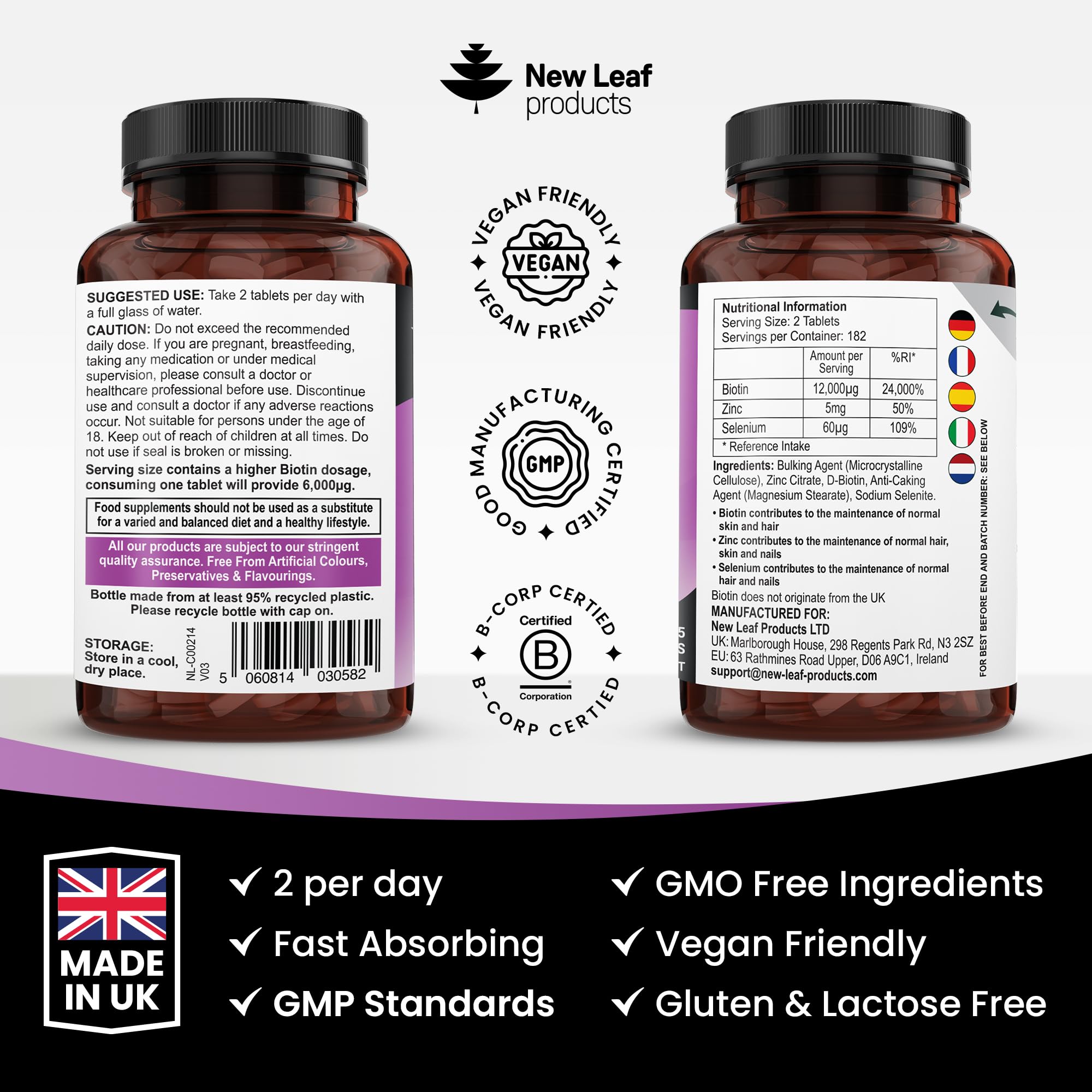 Biotin Hair Growth Vitamins 12,000mcg D-Biotin Tablets Enriched with Zinc & Selenium –Vegan Beauty Hair Skin & Nails Vitamins for Women and Men High Strength - 3 Months Supply UK Made - New Leaf