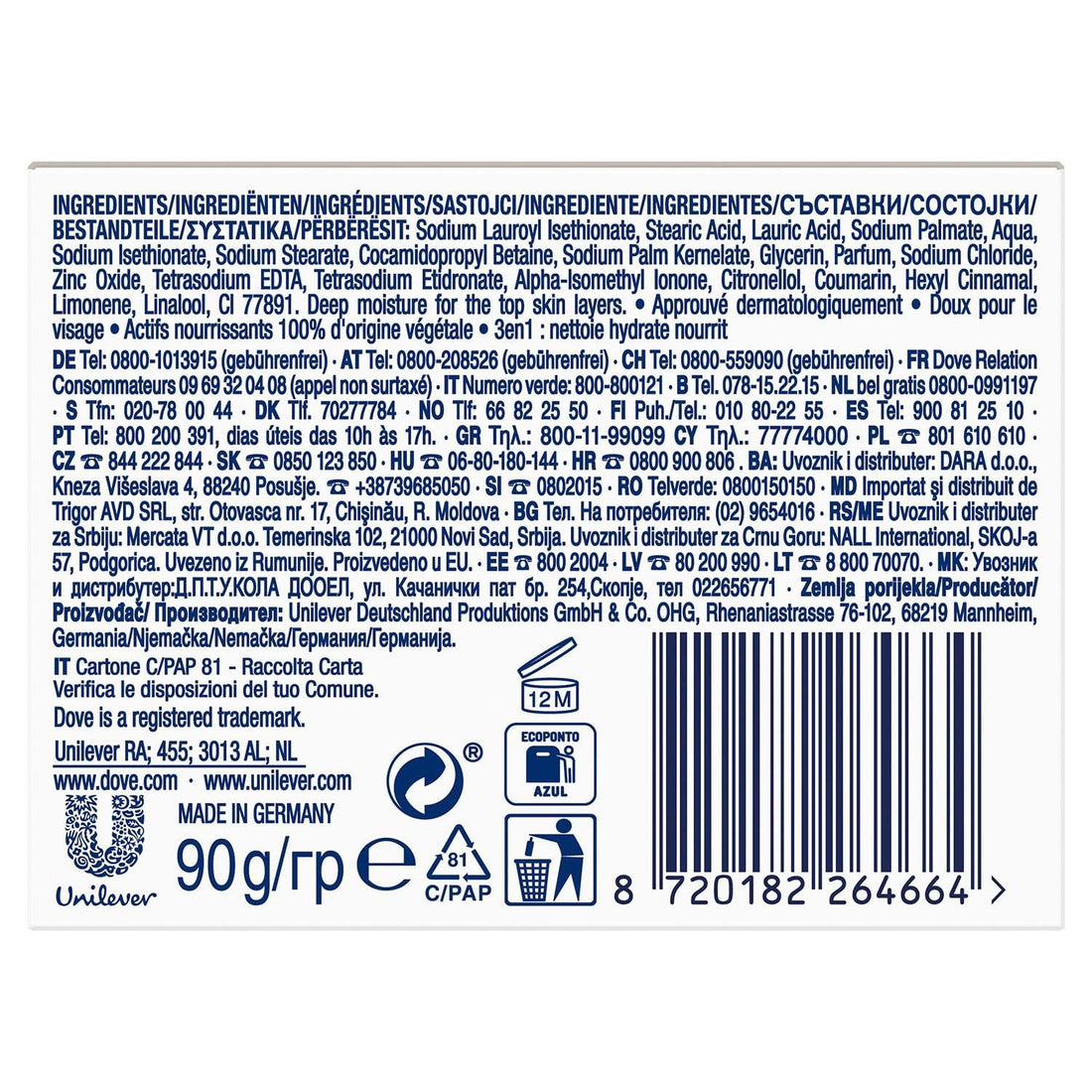 Dove Orginal Beauty Cream Bar 3 in 1 Cleanses, Moisturises and Nourishes Sulphate-Free Bath Soap for Soft and Smooth Skin, Suitable for Daily Use, 8x90g Halalzen