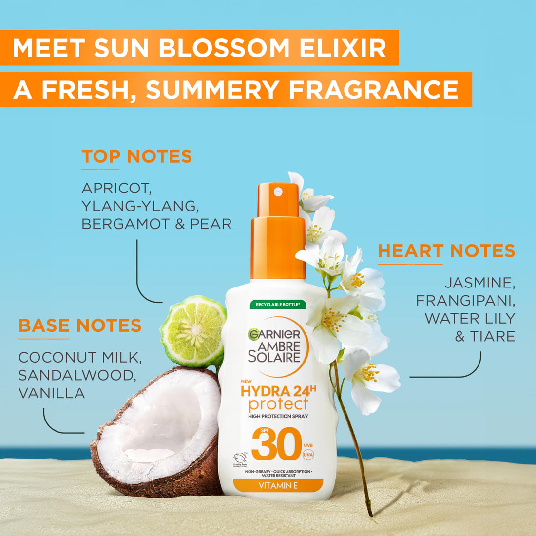 Garnier Ambre Solaire Sun Cream SPF 30 Hydra 24 Hour Protect High Protection UVB & UVA Hydrating Sun Lotion, Enriched with Vitamin E, Water Resistant, Non-Greasy, Fast Absorbing 150ml