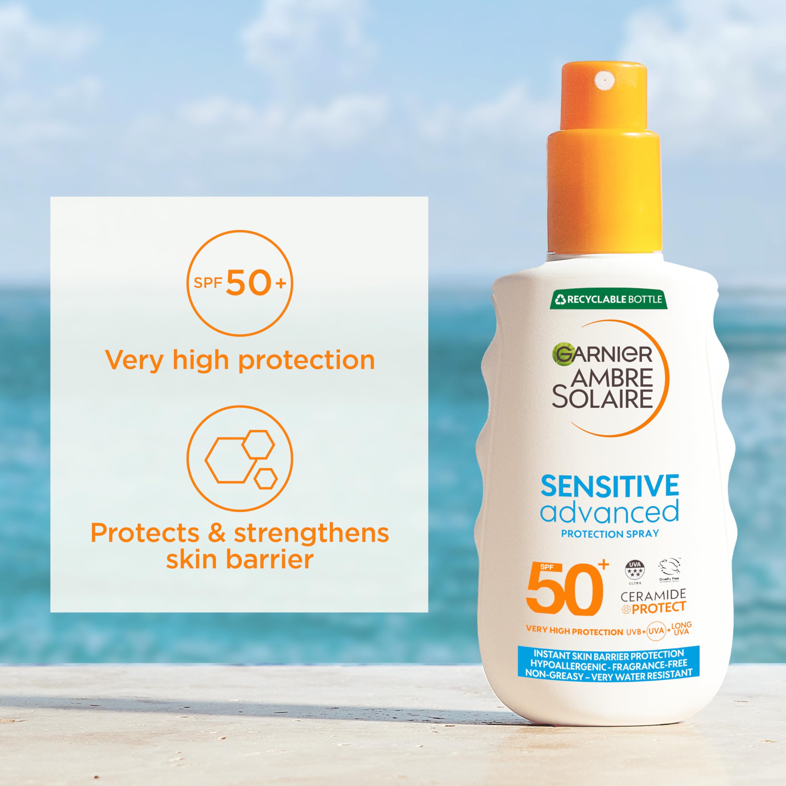 Garnier Ambre Solaire Sun Cream Spray SPF50+ Sensitive Advanced Sunscreen, Factor 50, Water Resistant, Non-Greasy, Fragrance-Free, Hypoallergenic, UVA UVB Protect with Ceramide, 150ml
