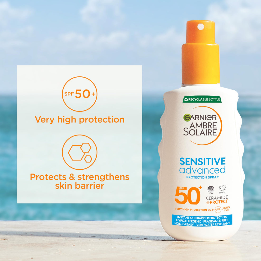Garnier Ambre Solaire Sun Cream Spray SPF50+ Sensitive Advanced Sunscreen, Factor 50, Water Resistant, Non-Greasy, Fragrance-Free, Hypoallergenic, UVA UVB Protect with Ceramide, 150ml