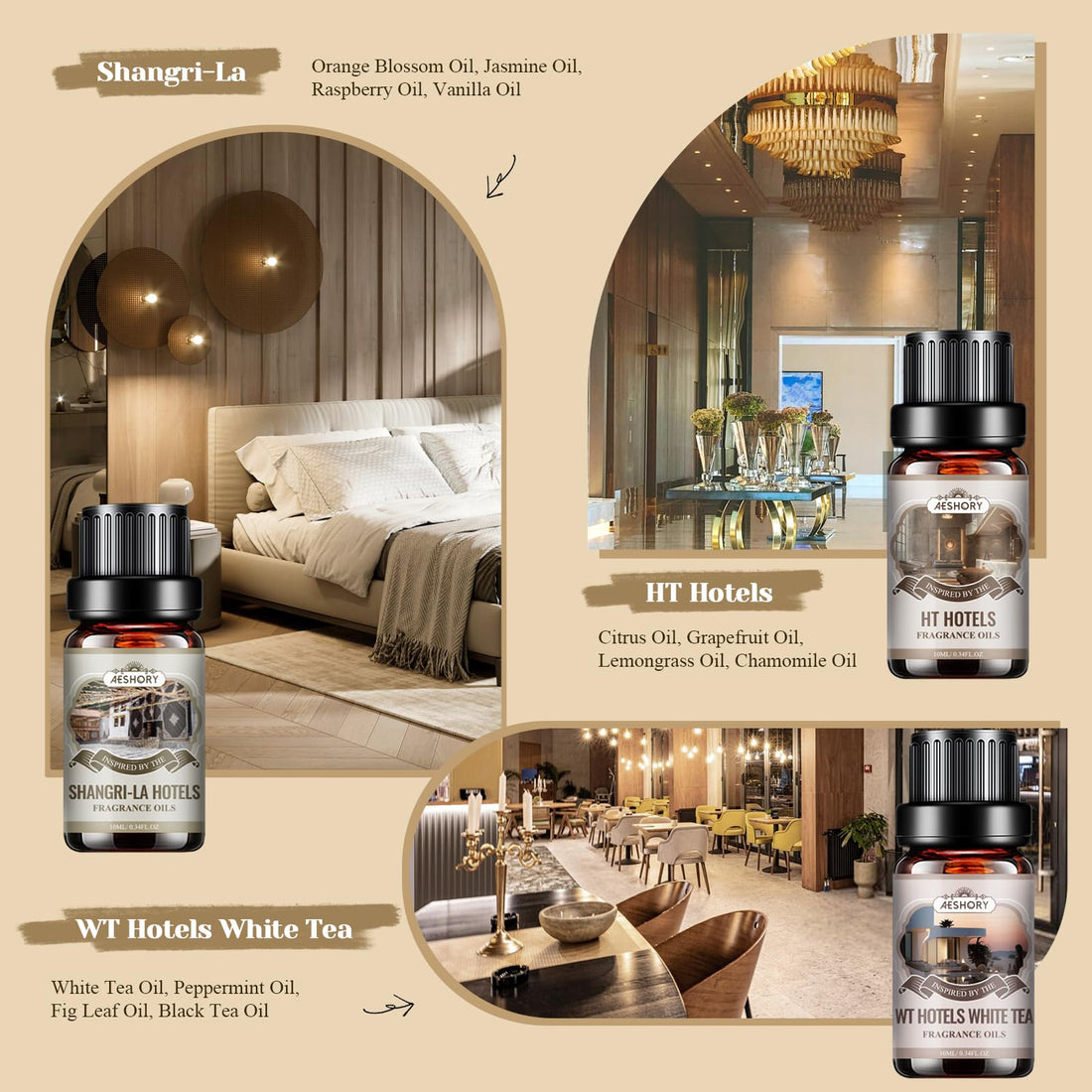 AESHORY 6 x 10ml Hotel Essential Oils Set, Premium Luxury Aroma Oil Scented Oil for Diffuser for Home, Humidifier, Candle Making, Air Freshening