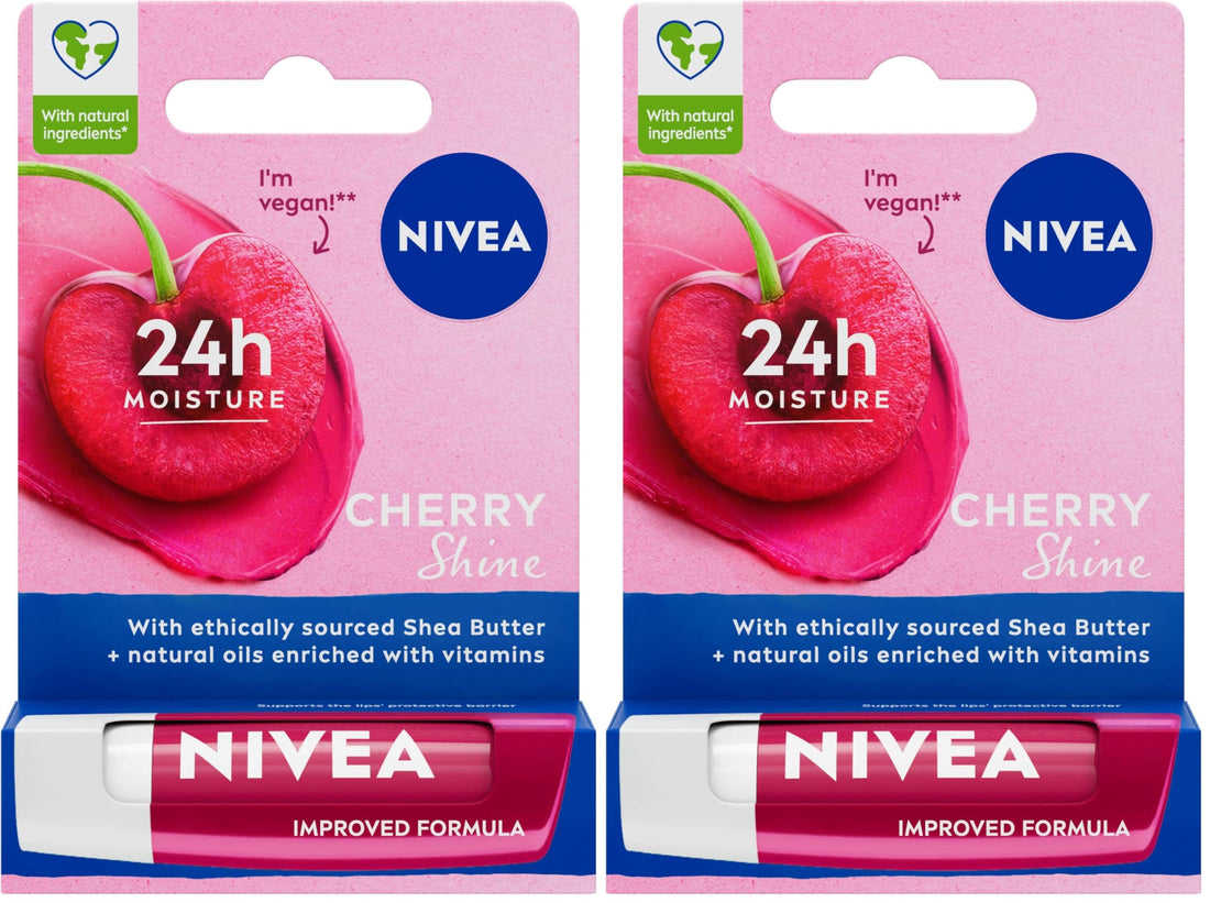 NIVEA Cherry Shine Lip Balm (4.8g), Flavoured Lip Balm with Shea Butter, Natural Oils and Vitamins, Provides 24h Moisture and a Soft Red Shine, Vegan Lip Care Formula Halalzen