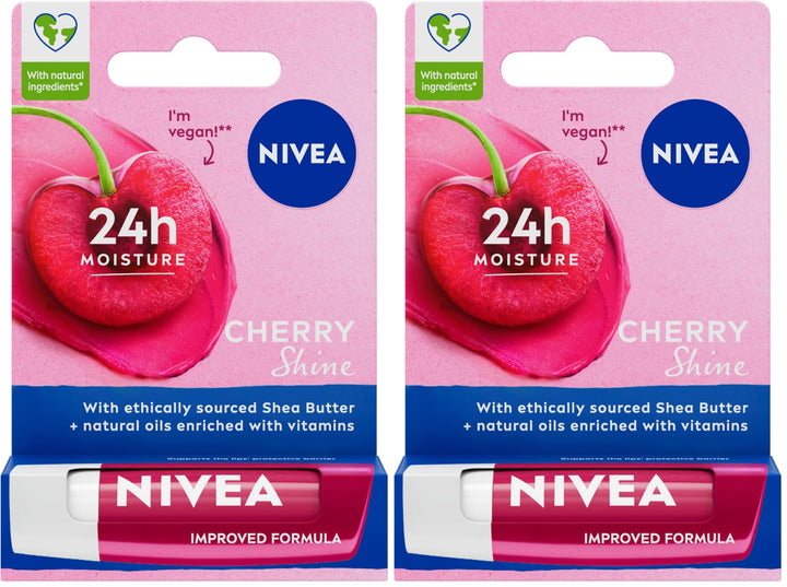 NIVEA Cherry Shine Lip Balm (4.8g), Flavoured Lip Balm with Shea Butter, Natural Oils and Vitamins, Provides 24h Moisture and a Soft Red Shine, Vegan Lip Care Formula