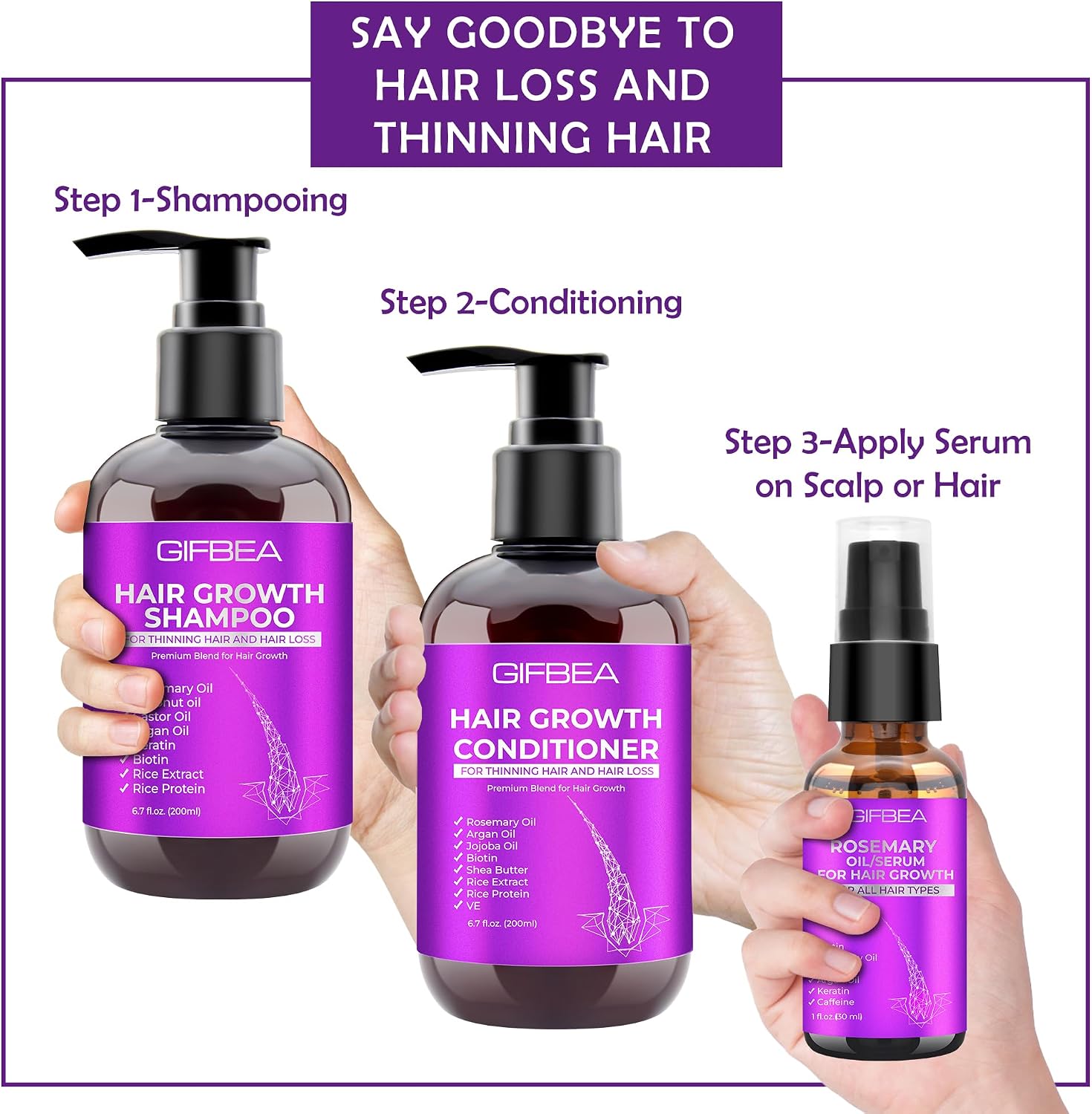 GIFBEA Hair Growth Shampoo and Conditioner Set with Rosemary Oil Serum, Biotin, Argan, Castor, Coconut, Keratin, Rice Water - Hair Loss Treatment, Thickening for Women and Men