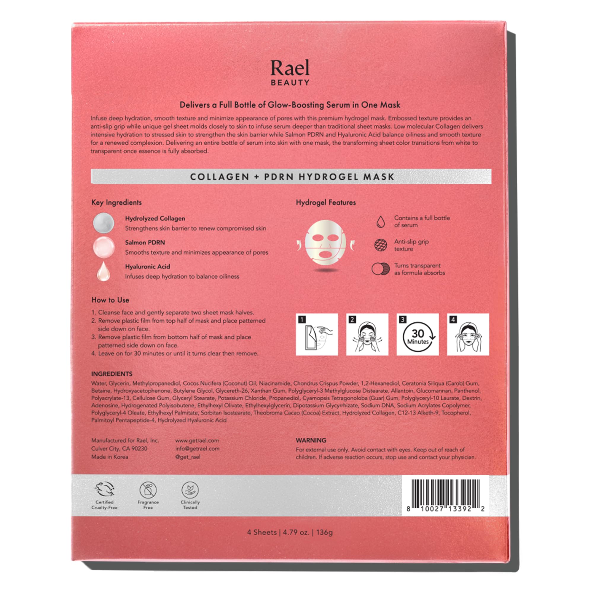 Rael Beauty Collagen + PDRN Face Masks - Korean Skincare for Glass Skin, Smoothing, Salmon PDRN & Hydrolyzed Collagen & Hyaluronic Acid, Anti-Slip Grip, Fragrance & PEGs & Cruelty Free (4 Sheets)