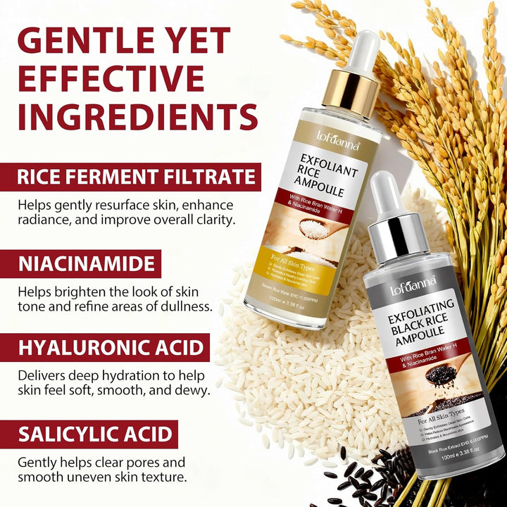 Rice & Black Rice Exfoliant Serum Set 2x100ml, Gentle Peeling Ampoule with AHA BHA, Brightening & Dead Skin Removal, Pore Minimizing, Hydrating Glow, Korean Skincare for All Skin Types, Face and Body Halalzen