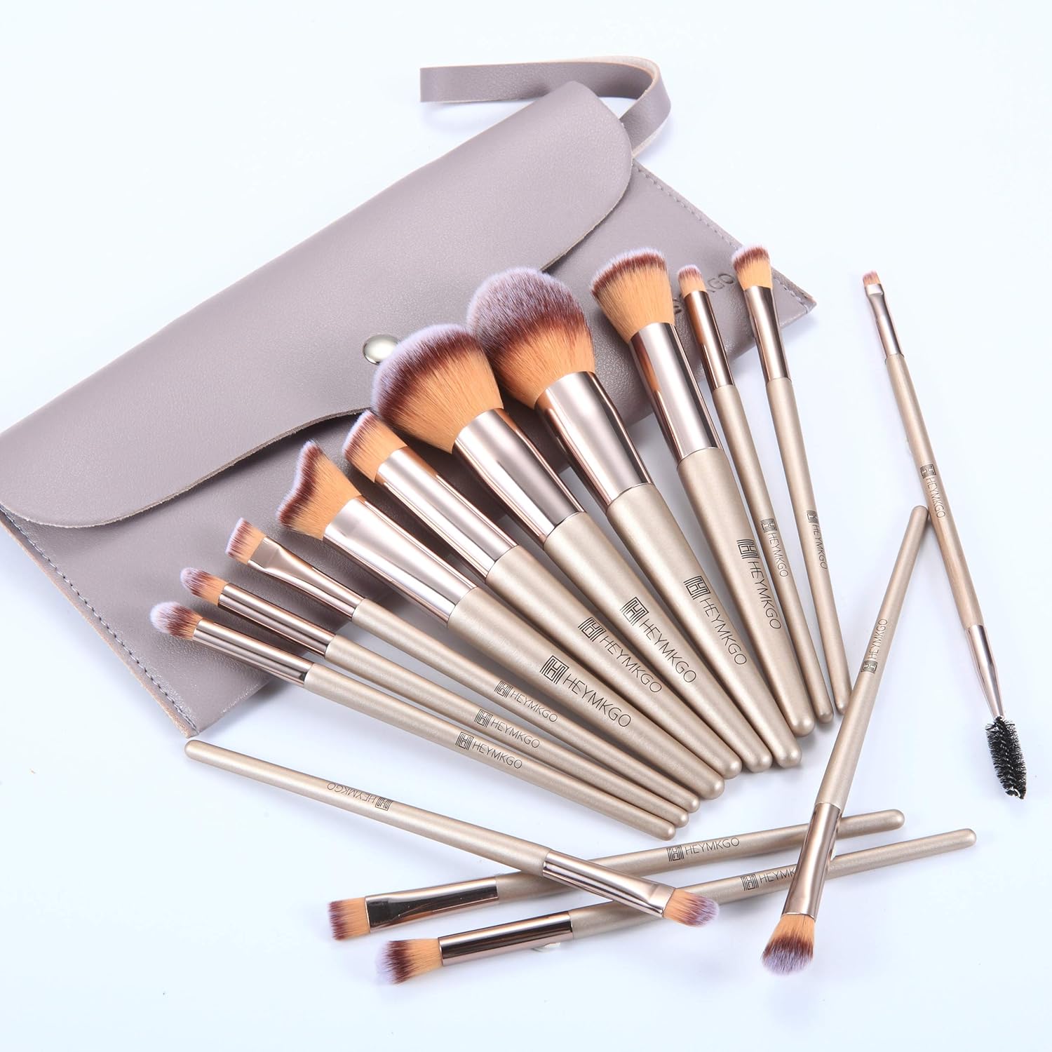 HEYMKGO Makeup Brushes, 15 Pcs Make Up Brushes Set Professional Champagne Gold Makeup Brush Pack, Foundation Blending Powder Blush Concealers Eyeshadow Eyeliner Make-up Brush Kits with Cosmetics Bag Halalzen