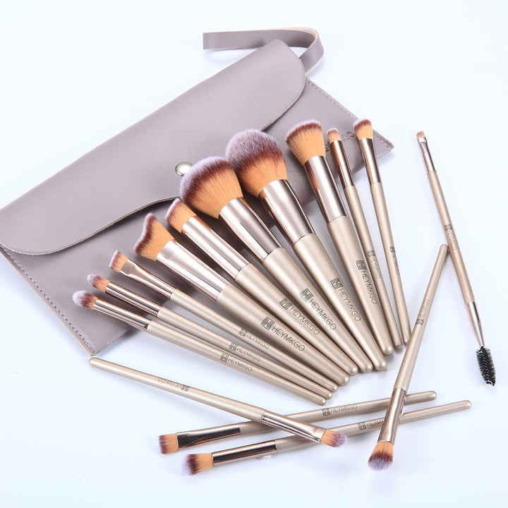 HEYMKGO Makeup Brushes, 15 Pcs Make Up Brushes Set Professional Champagne Gold Makeup Brush Pack, Foundation Blending Powder Blush Concealers Eyeshadow Eyeliner Make-up Brush Kits with Cosmetics Bag Halalzen