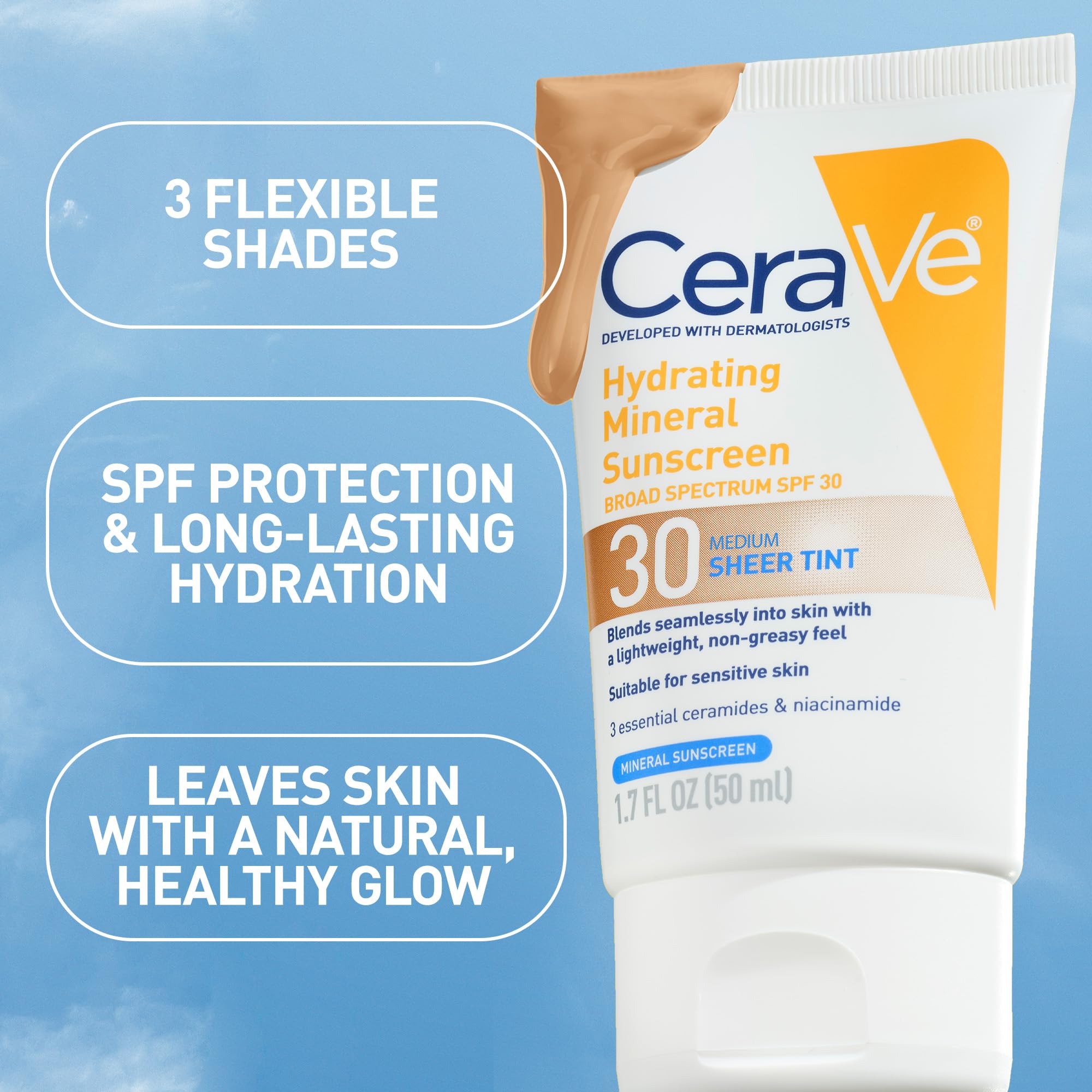 CeraVe Hydrating Mineral Sunscreen SPF 30 with Sheer Tint, Tinted Mineral Sunscreen with Zinc Oxide & Titanium Dioxide, Blends Seamlessly For Healthy Glow, Medium, 1.7 Fluid Ounce Halalzen