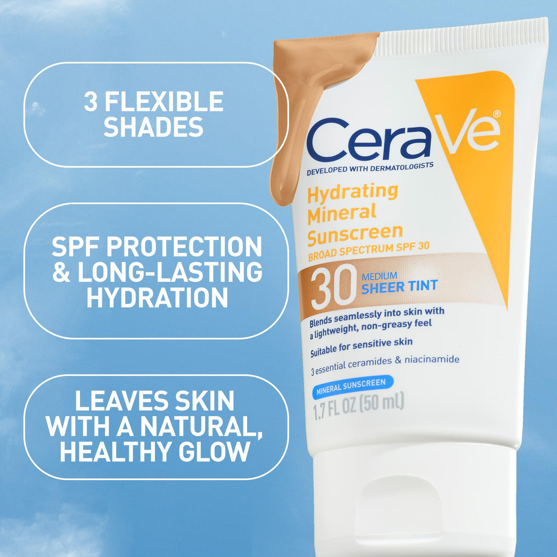 CeraVe Hydrating Mineral Sunscreen SPF 30 with Sheer Tint, Tinted Mineral Sunscreen with Zinc Oxide & Titanium Dioxide, Blends Seamlessly For Healthy Glow, Medium, 1.7 Fluid Ounce Halalzen