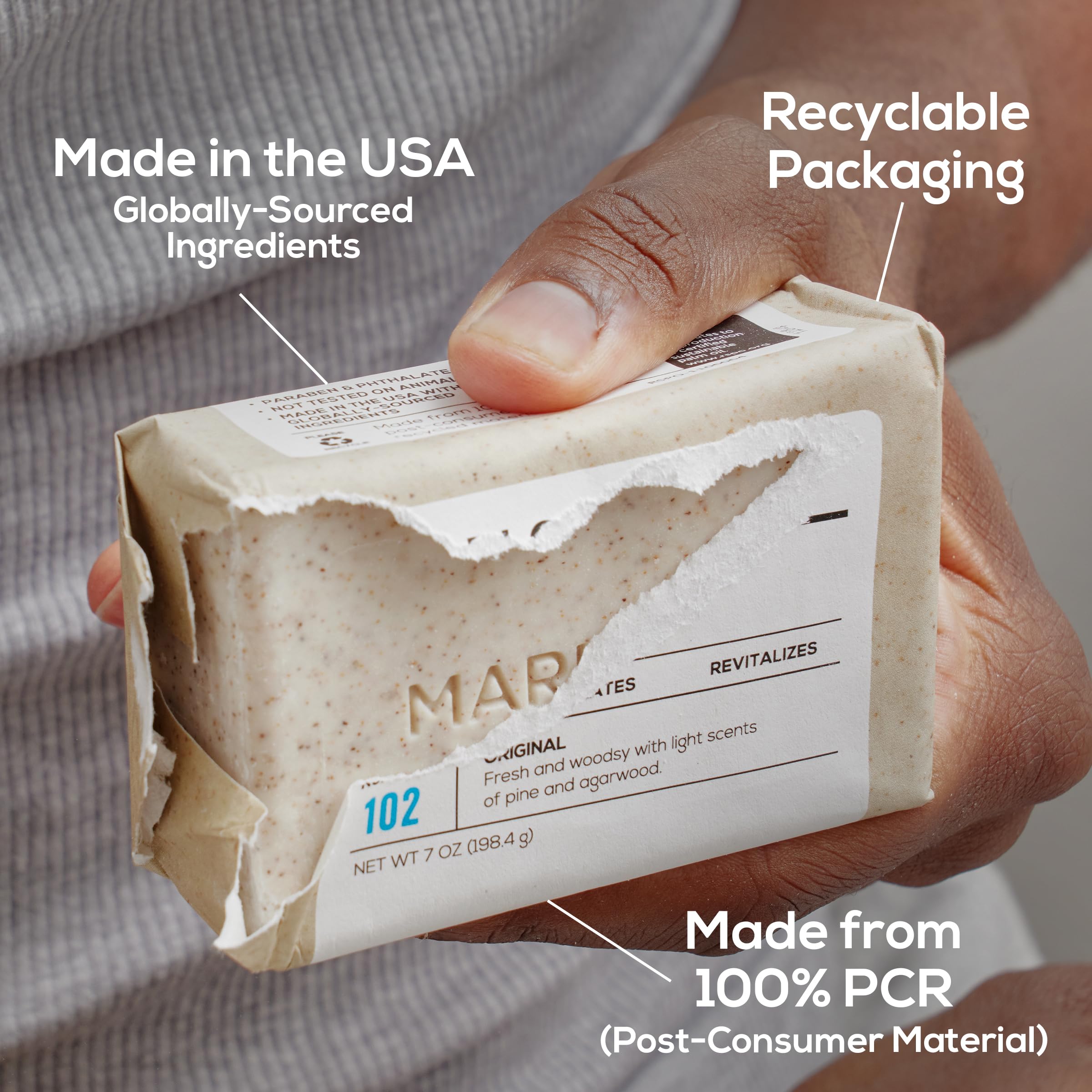 MARLOWE. No. 102 Body Scrub Soap 7 oz, Cedarwood & Sea Salt, Exfoliating Soap Bar with Shea Butter, Olive Oil & Green Tea Extracts, Cleanses, Smooths & Revitalizes Skin, Fresh & Zesty Scent