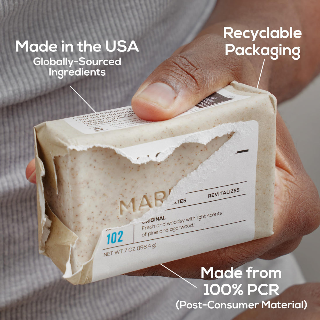MARLOWE. No. 102 Body Scrub Soap 7 oz, Cedarwood & Sea Salt, Exfoliating Soap Bar with Shea Butter, Olive Oil & Green Tea Extracts, Cleanses, Smooths & Revitalizes Skin, Fresh & Zesty Scent