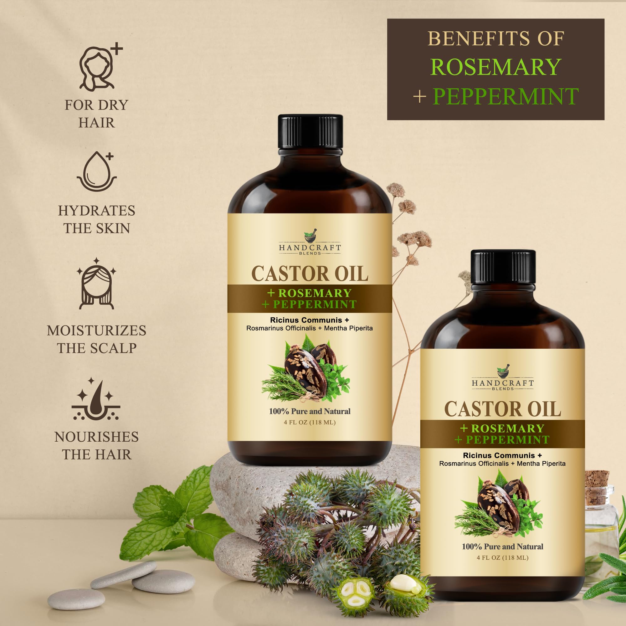 Handcraft Blends Castor Oil with Rosemary and Peppermint Oil 118 ml | 100% Pure and Natural | Premium Grade Carrier Oil | Hair, Eyelashes and Eyebrows | Hair and Body