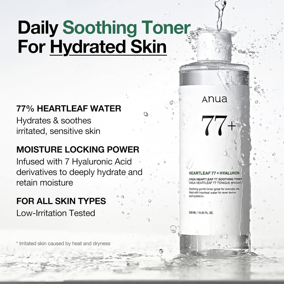 Anua Heartleaf 77 Soothing Toner, Moisturizing & Calming Facial Toner for Glass Skin, Hyaluronic Acid, Lightweight Hydration for Sensitive Skin, Redness Relief, Korean Skin Care, 8.45 fl.oz