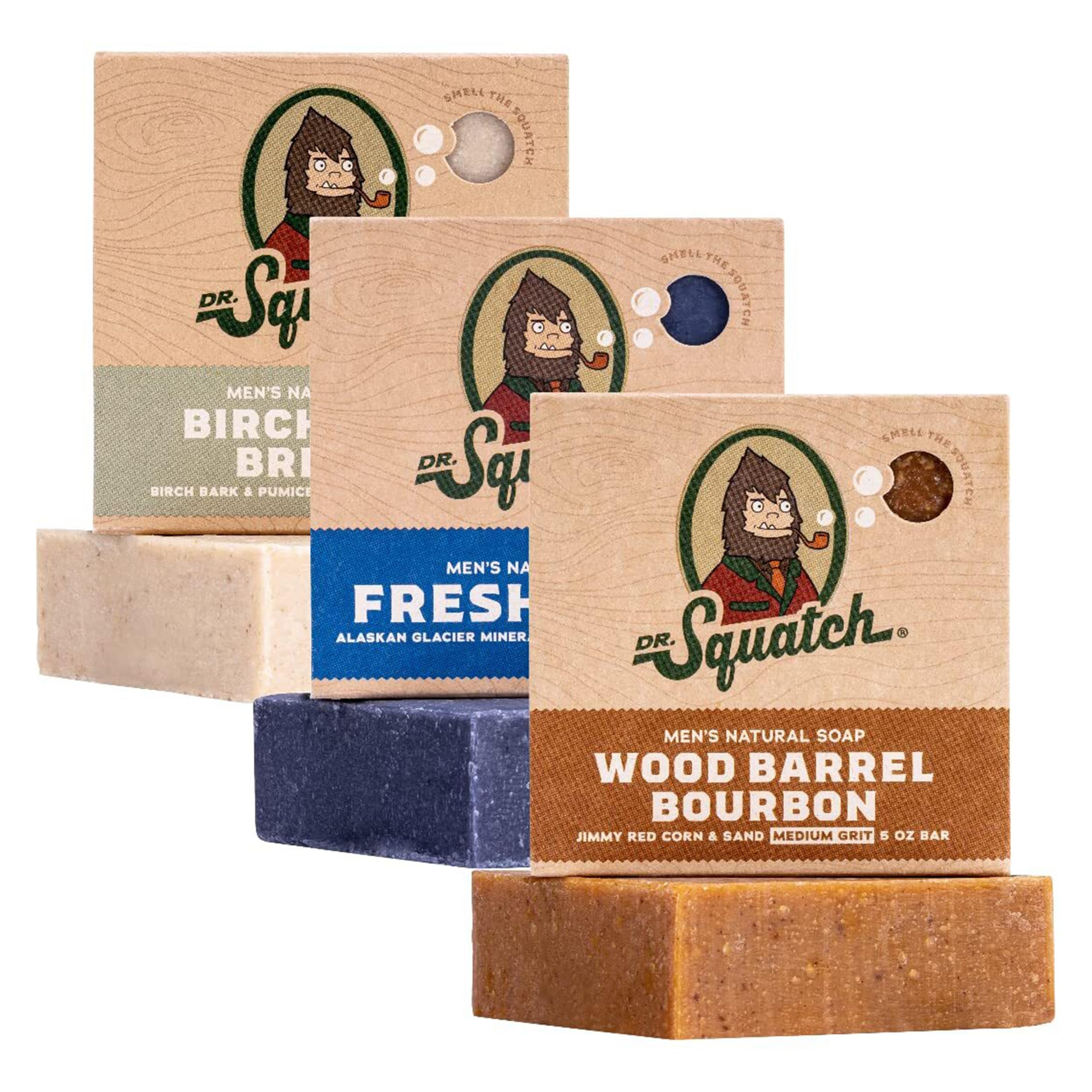 Dr. Squatch Natural Men’s Bar Soap - Cold Process Body Soap Bar with Natural Oils - Gifts for Men - Birchwood Breeze, Fresh Falls & Wood Barrel Bourbon (5 oz, 3-Pack)