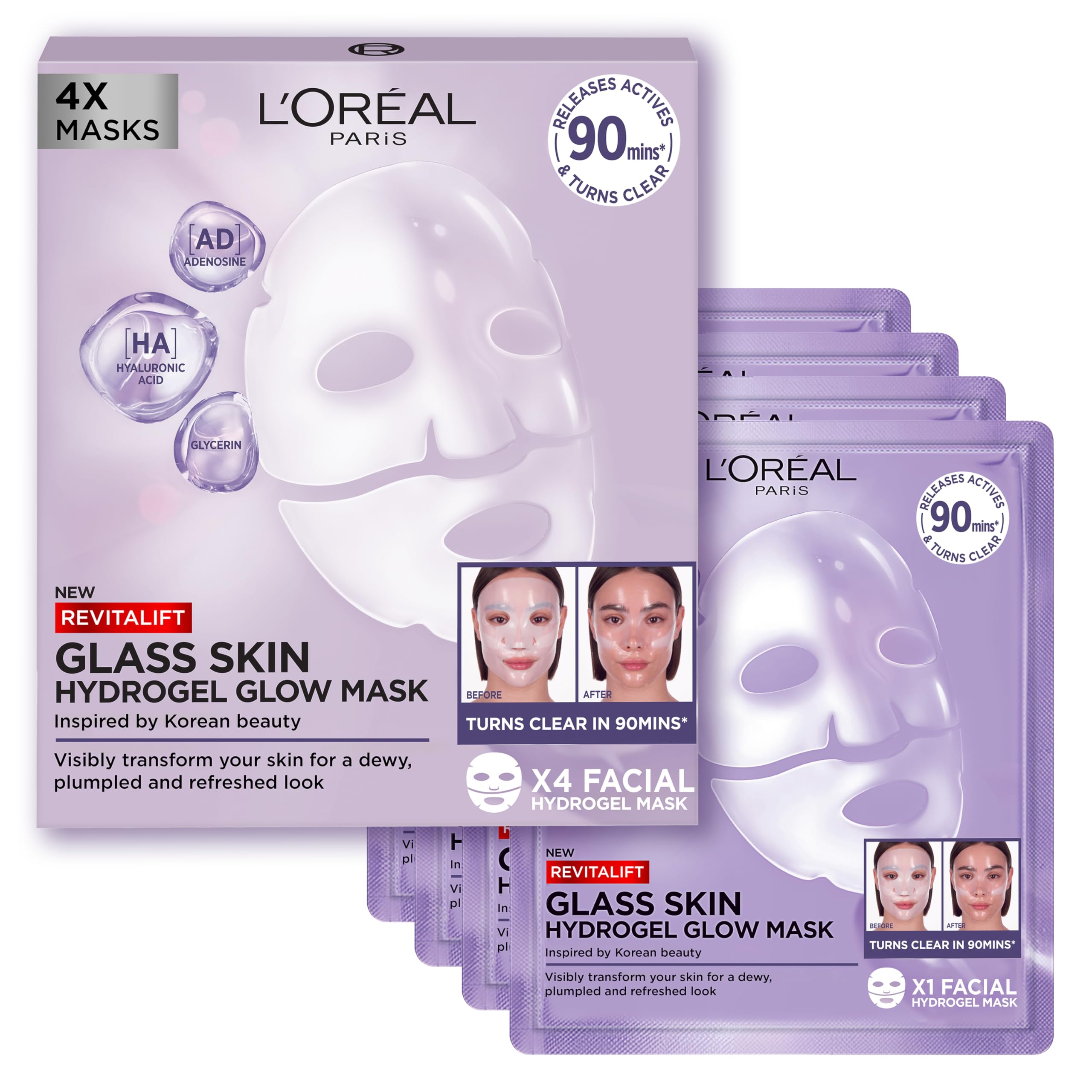L'Oreal Paris Glass Skin Korean Face Mask 4 Pcs, Revitalift Filler Hydrogel Glow Mask, Korean Inspired Skincare, Visibly Transform Skin, Dewy, Plumped and Refreshed Look