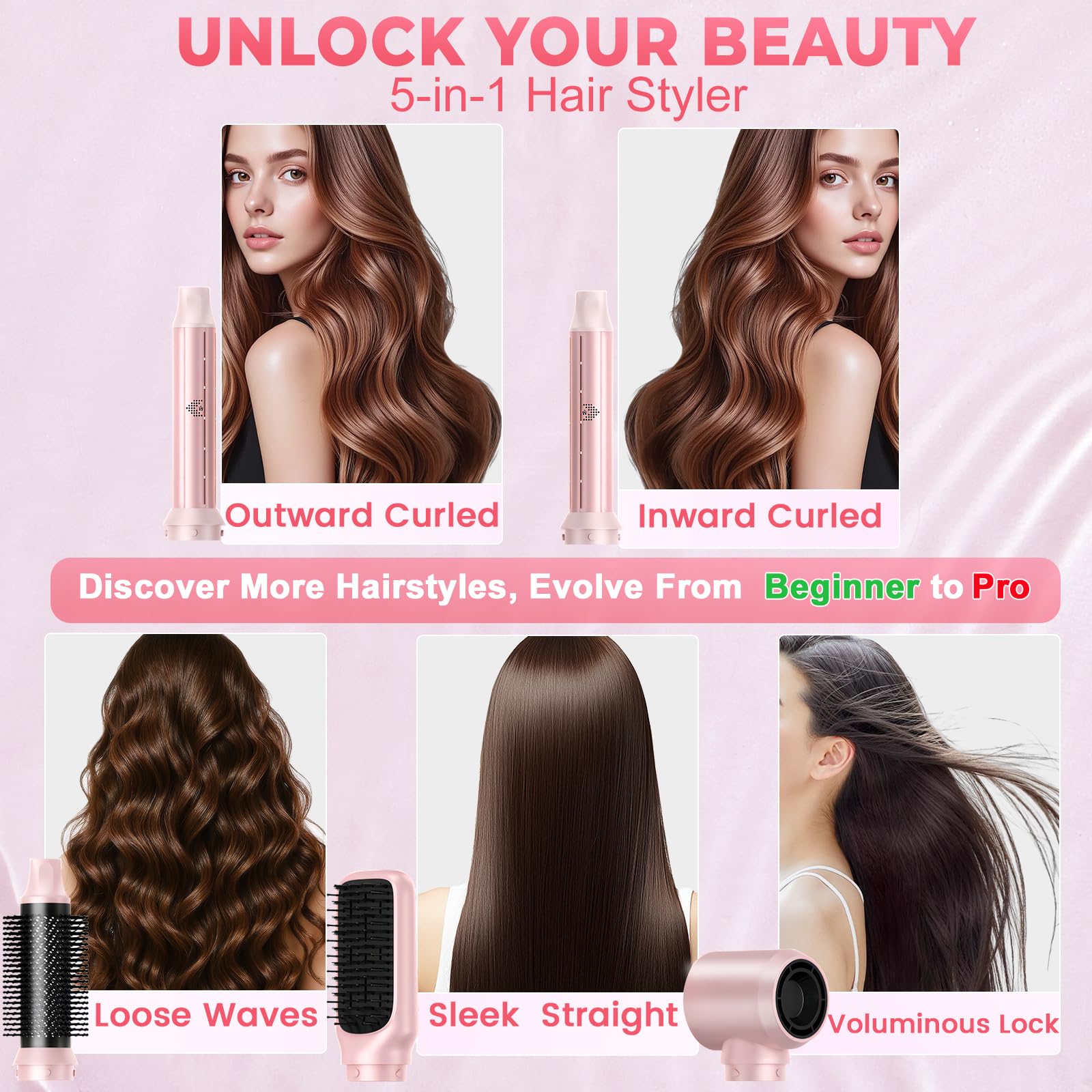 5 in 1 Hot Air Styler, Hair Dryer Brush with Auto Wrap Curlers, 3 Heat Settings, Fast Drying & Volumizing – Includes Curling Barrels & Straightening Comb (Charcoal) Halalzen