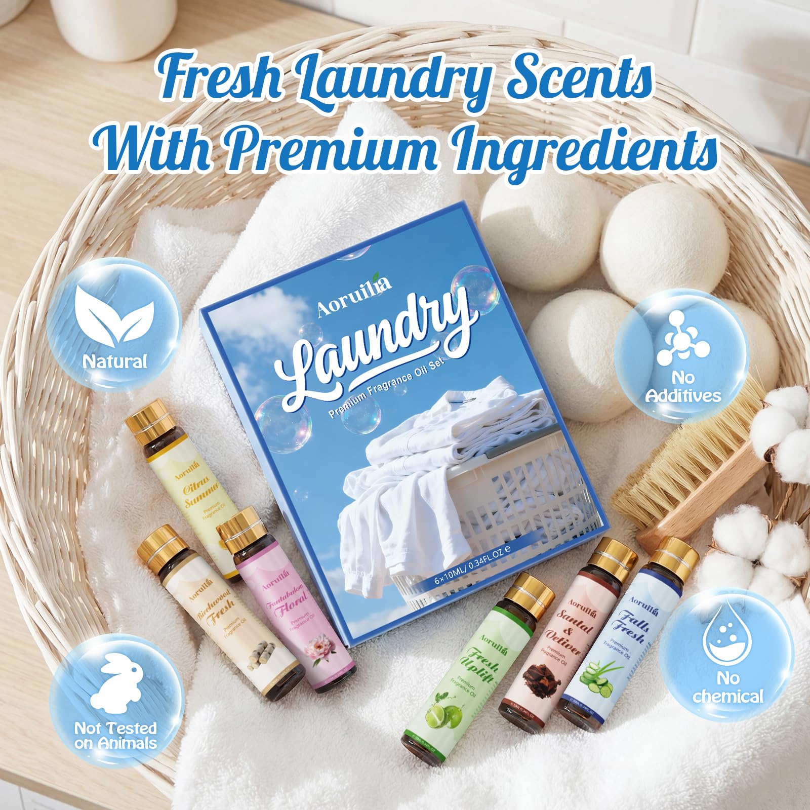 Clean Essential Oils Set 6 x 10ml, Laundry Fragrance Oils for Diffusers, Soap Making - Eucalyptus & Cotton, Bergamot Black Tea, Cardamom & Cedar, Baby Powder, Clean Breeze, Fresh Linen