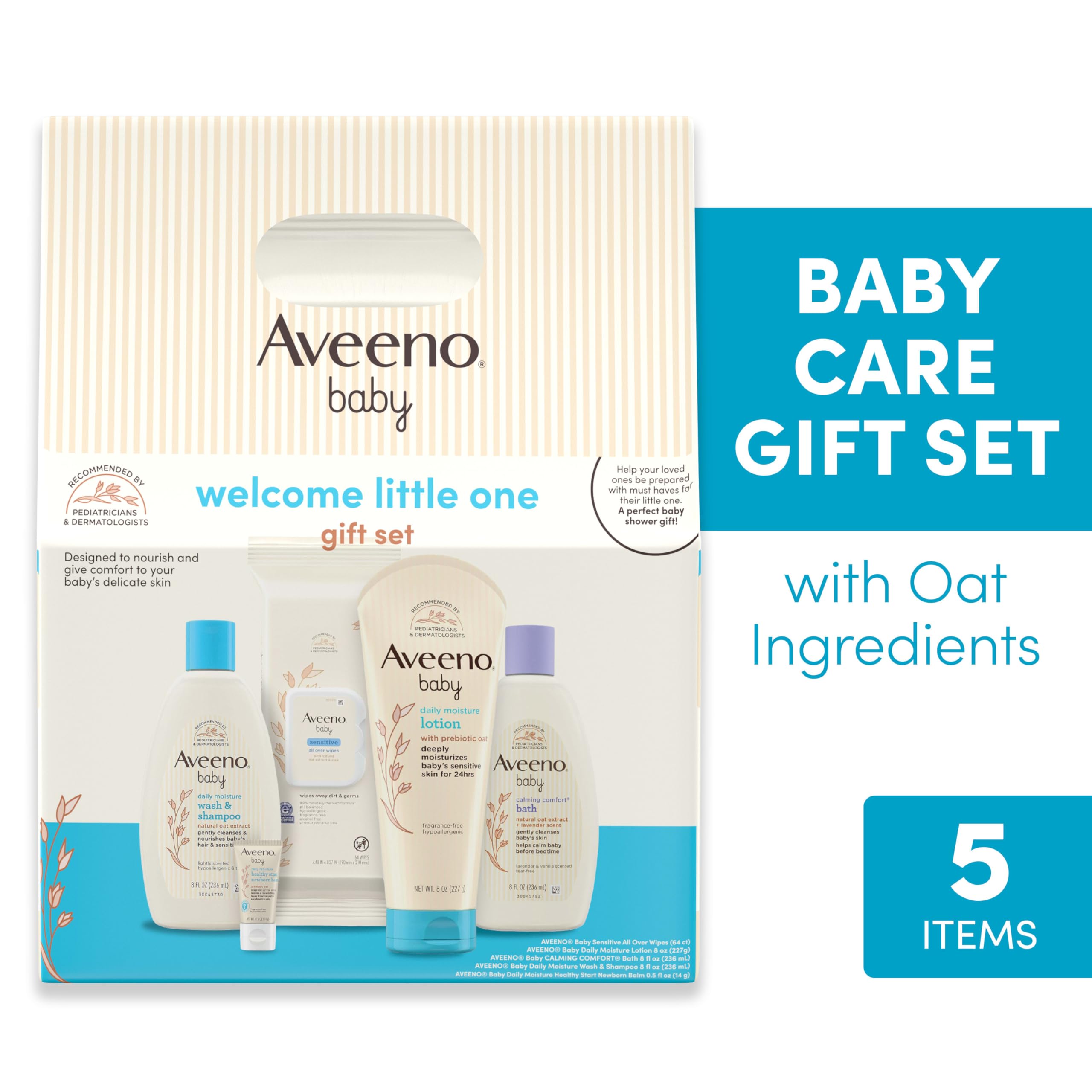Aveeno Baby Welcome Little One Gift Set, Skincare Set with Nourishing Body Wash & Shampoo, Calming Bath Wash, All Over Wipes, Daily Moisturizing Lotion, & Balm, 5 Items Halalzen