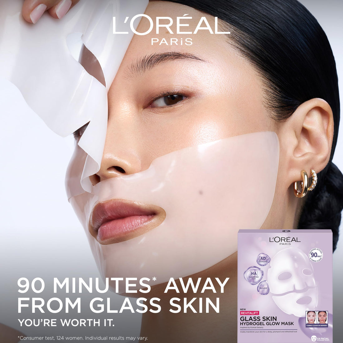 L'Oreal Paris Glass Skin Korean Face Mask 4 Pcs, Revitalift Filler Hydrogel Glow Mask, Korean Inspired Skincare, Visibly Transform Skin, Dewy, Plumped and Refreshed Look